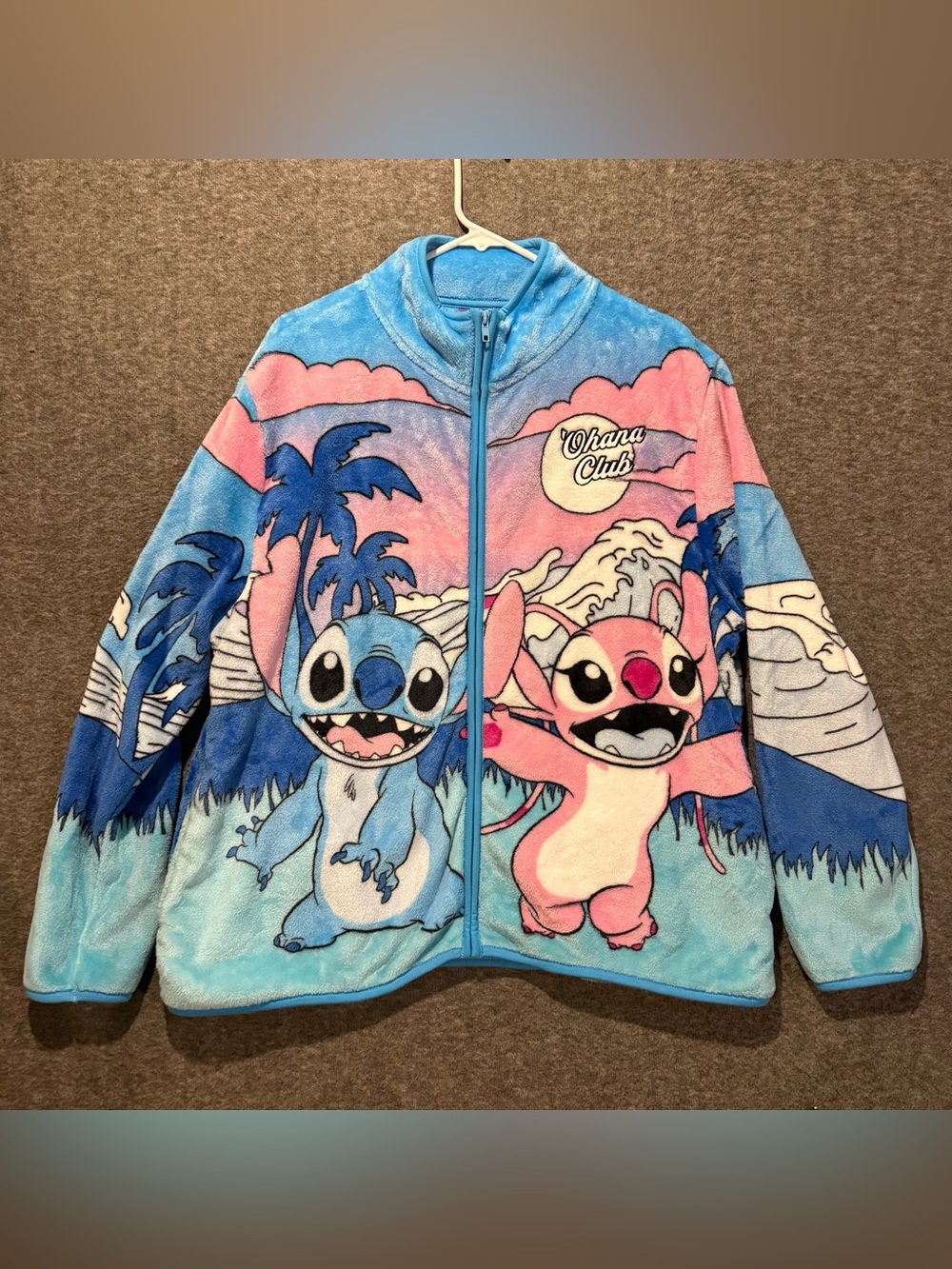 Disney Stitch & Angel Fleece Jacket Womens XL Blue Pink Zip Super Soft Graphic